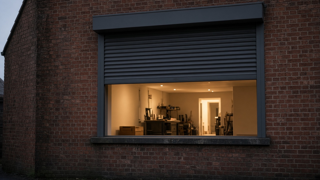 A dark grey roller shutter only a quarter down, with the box and side guides showing on a red-brick rear extension, dusk, with warm lights on inside. Framed on one opening.