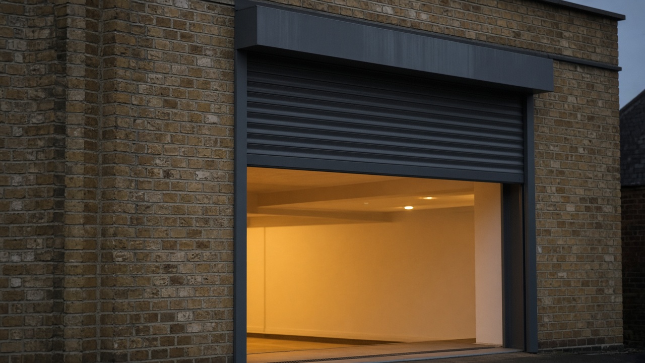 A dark grey roller shutter only a quarter down, with the box and side guides showing on a yellow London stock brick terrace, dusk, with warm lights on inside. Framed on one opening.