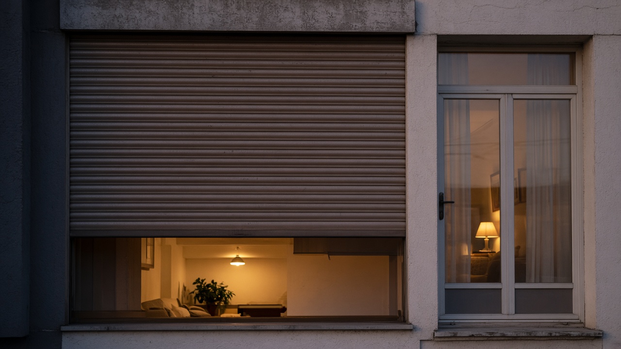 A bronze roller shutter nearly closed on a flat with a glazed balcony door, dusk, with warm lights on inside. Framed on one opening.