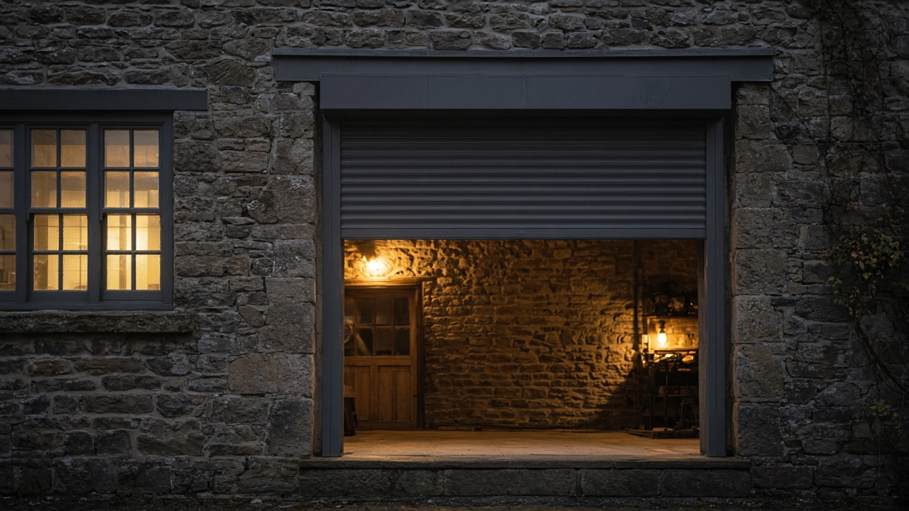 A dark grey roller shutter only a quarter down, with the box and side guides showing on a stone farmhouse, dusk, with warm lights on inside. Framed on one opening.