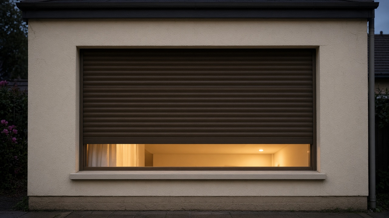 A bronze roller shutter nearly closed on a cream bungalow, dusk, with warm lights on inside. Framed on one opening.