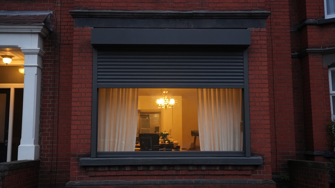 A dark grey roller shutter only a quarter down, with the box and side guides showing on a 1930s red-brick semi, dusk, with warm lights on inside. Framed on one opening.