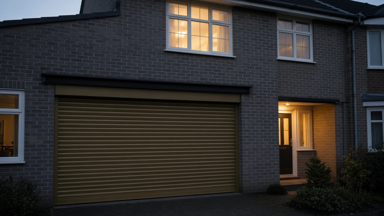 A bronze roller shutter nearly closed on a grey-brick semi, dusk, with warm lights on inside. Framed on one opening.