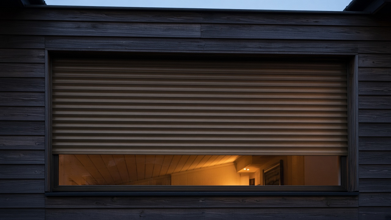 A bronze roller shutter nearly closed on a dark timber-clad house, dusk, with warm lights on inside. Framed on one opening.