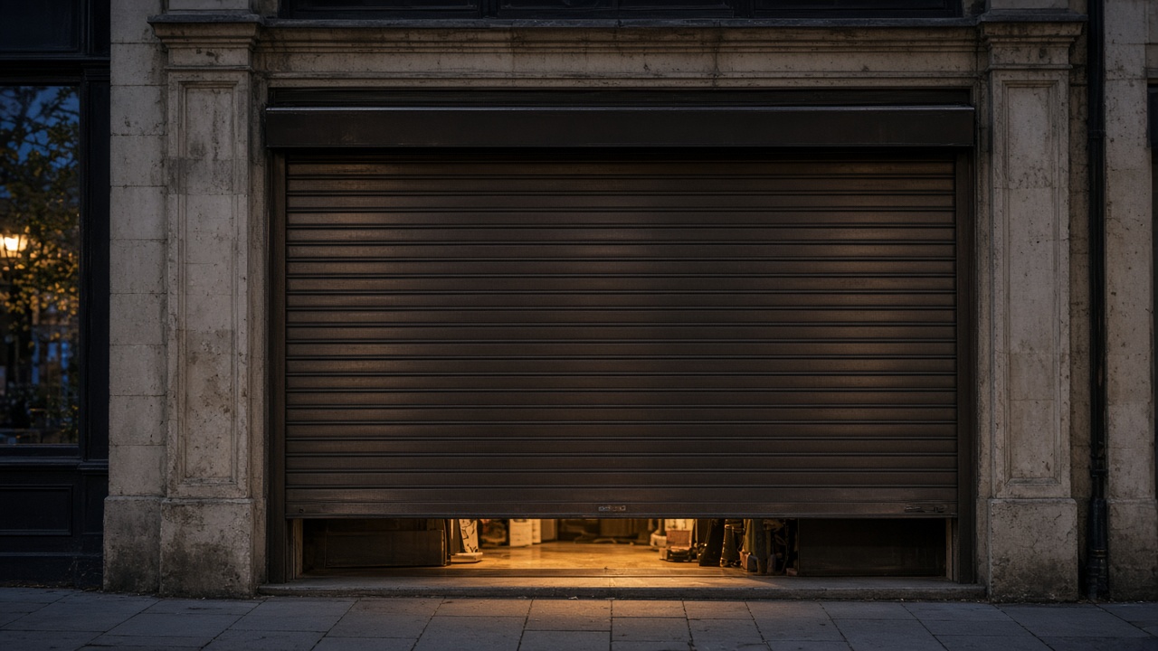A bronze roller shutter nearly closed on a small high-street shopfront, dusk, with warm lights on inside. Framed on one opening.