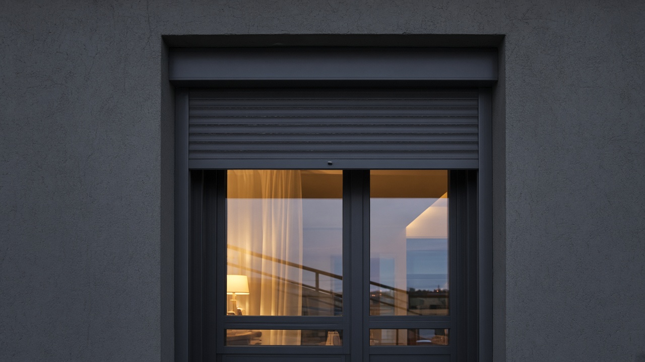 A dark grey roller shutter only a quarter down, with the box and side guides showing on a flat with a glazed balcony door, dusk, with warm lights on inside. Framed on one opening.