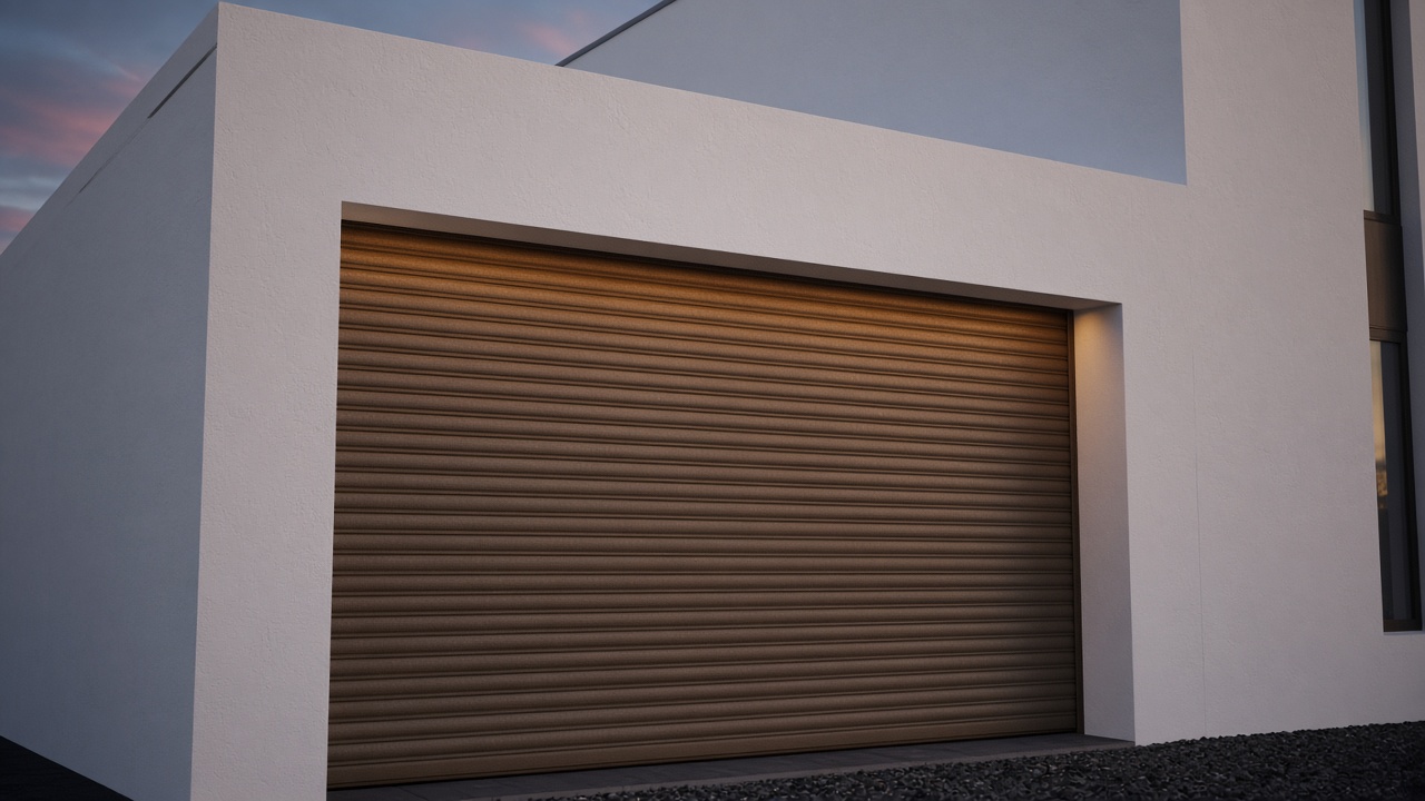 A bronze roller shutter nearly closed on a white rendered new-build, dusk, with warm lights on inside. Framed on one opening.