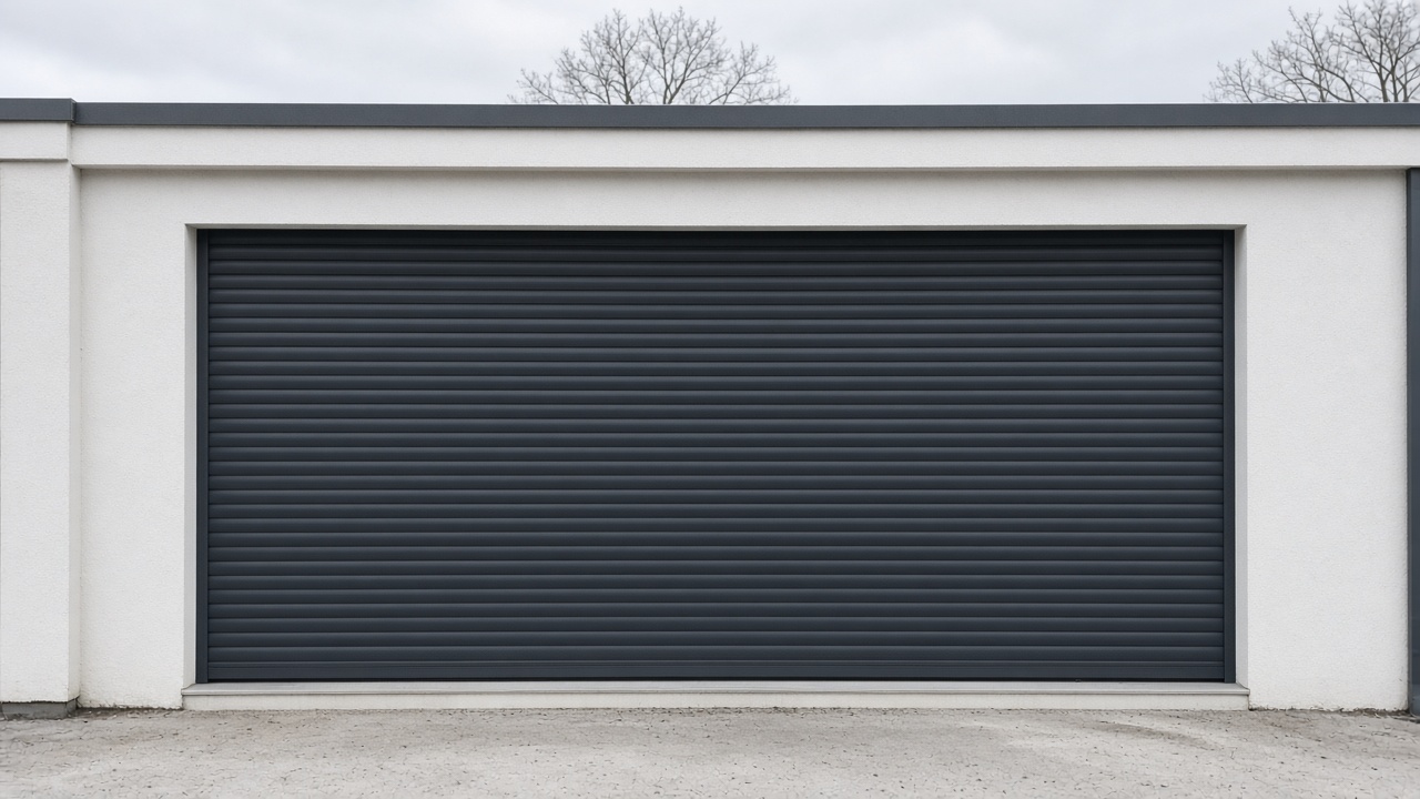 An anthracite roller shutter fully lowered on a white rendered new-build, a flat winter sky. Framed on one opening.