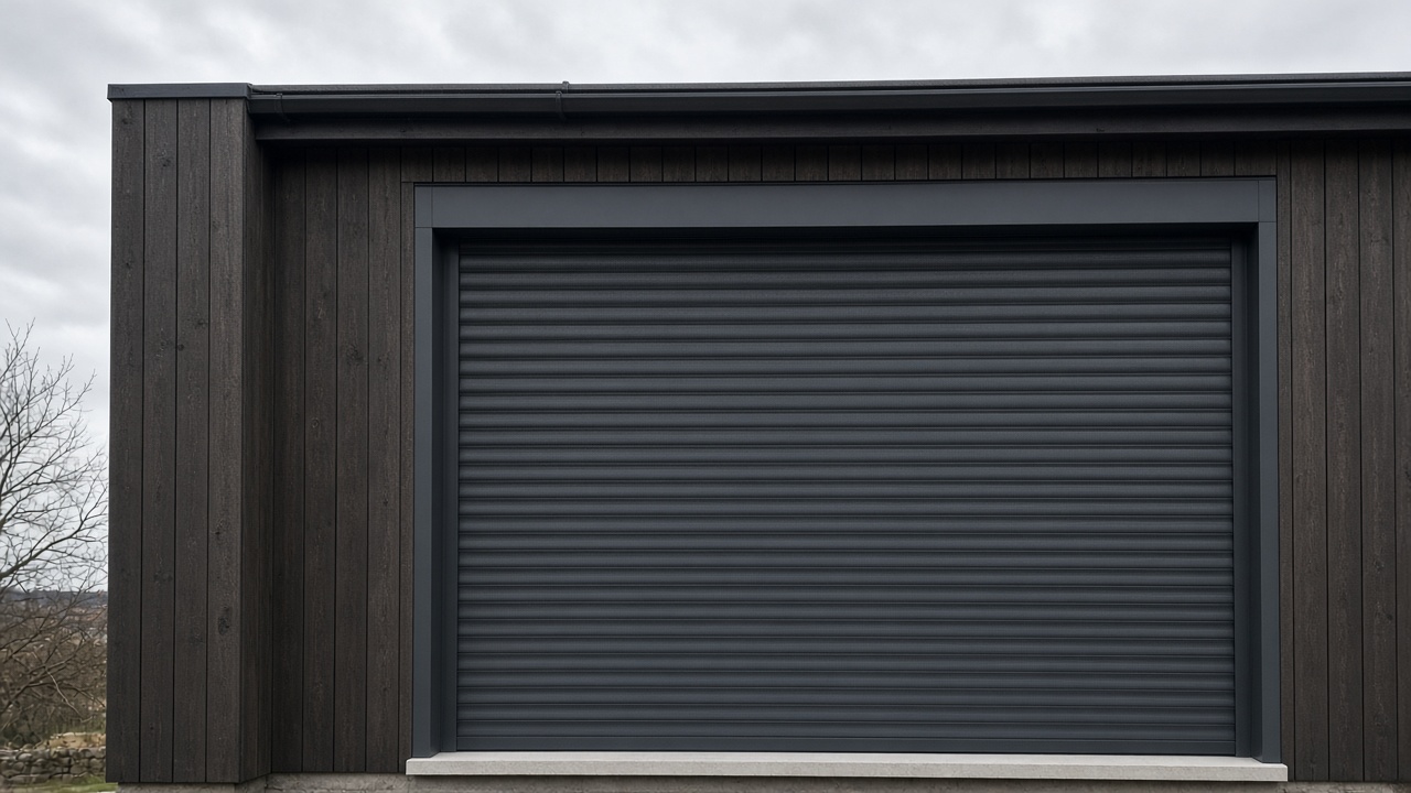 An anthracite roller shutter fully lowered on a dark timber-clad house, a flat winter sky. Framed on one opening.