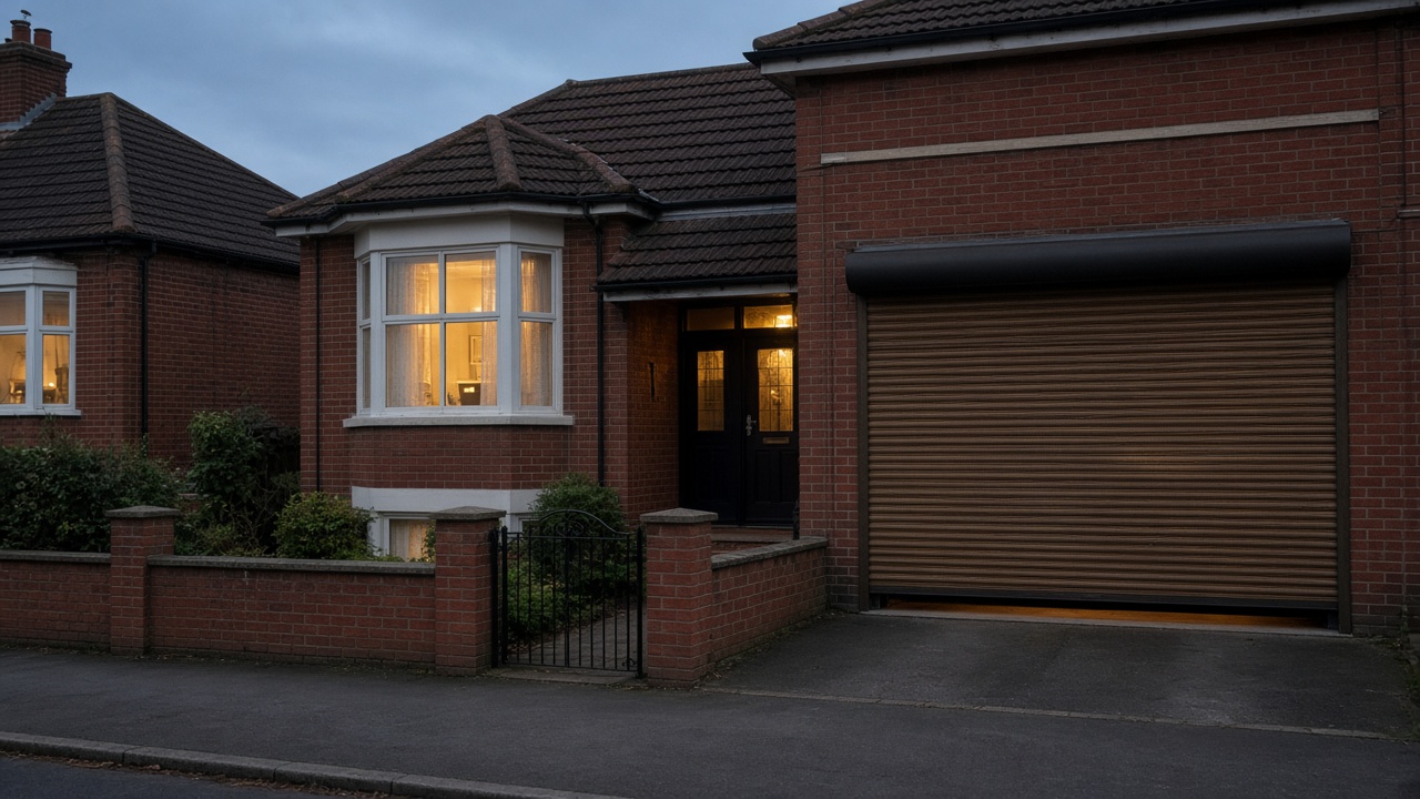 A bronze roller shutter nearly closed on a 1930s red-brick semi, dusk, with warm lights on inside. Framed on one opening.