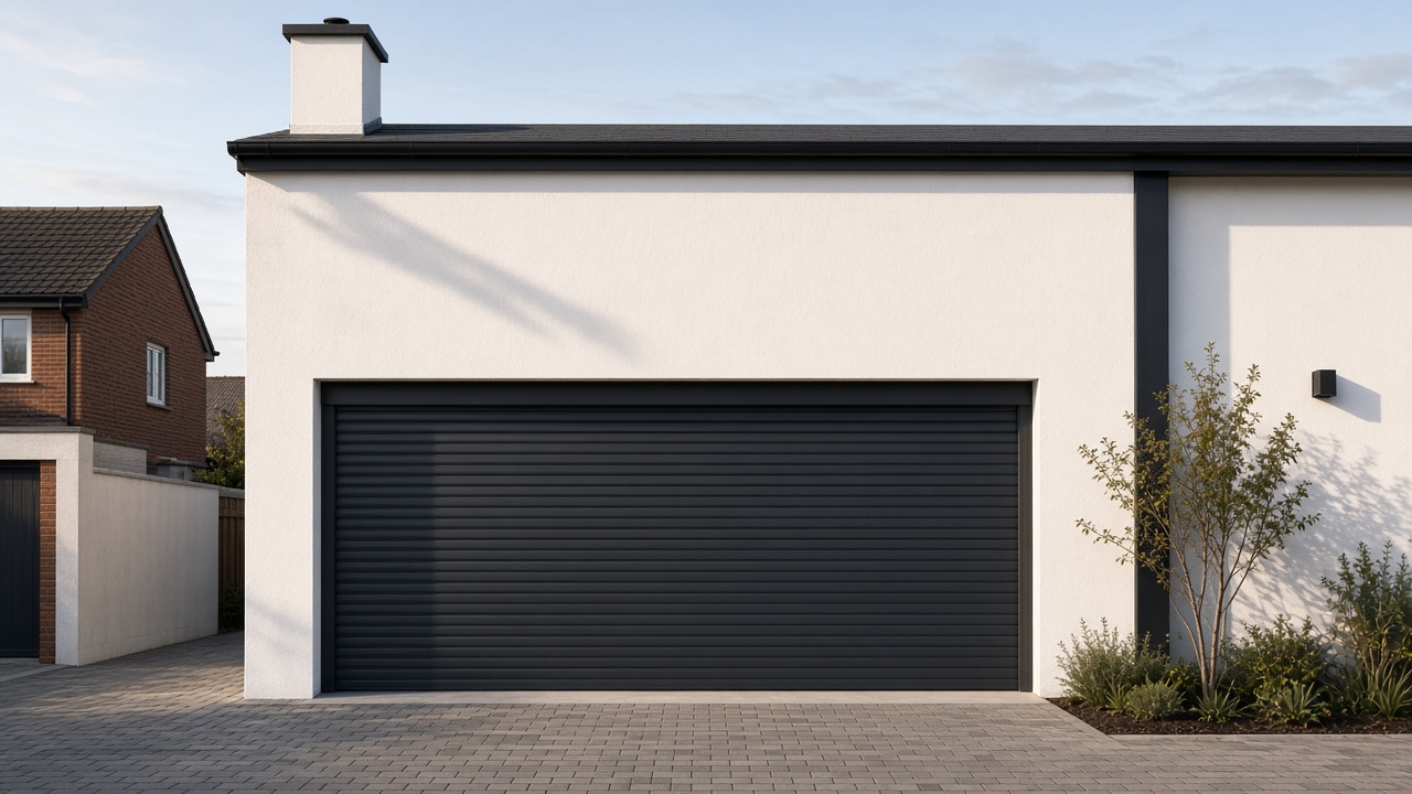 An anthracite roller shutter fully lowered on a white rendered new-build, late afternoon light and long shadows. Wide view of the whole elevation.