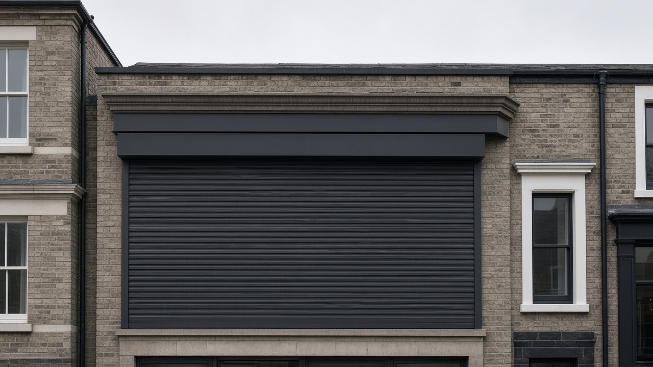 The motor end of a roller shutter box, an anthracite roller shutter fully lowered, on a small high-street shopfront, a flat winter sky. Wide view of the whole elevation.