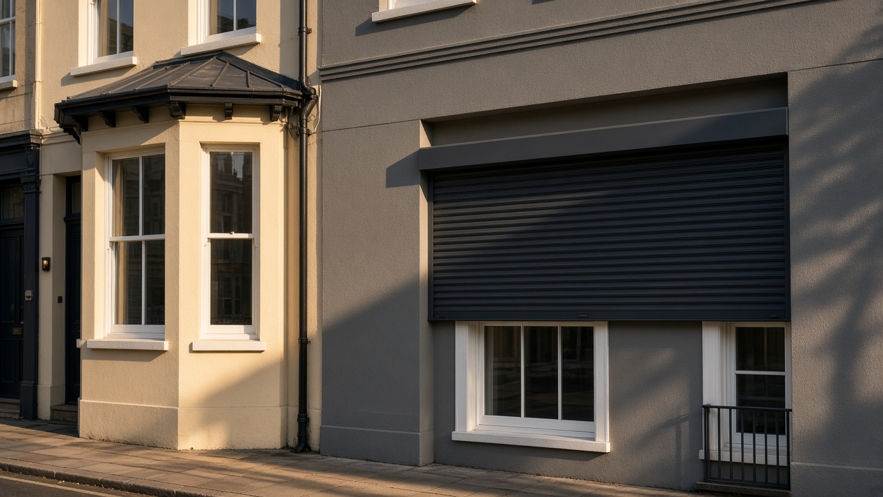 An anthracite roller shutter stopped halfway on a painted townhouse with a bay, late afternoon light and long shadows. Wide view of the whole elevation.