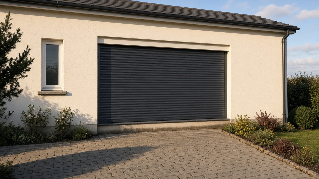 A fully closed anthracite security roller shutter over a ground-floor window on a cream bungalow, late afternoon light and long shadows. Wide view of the whole elevation.
