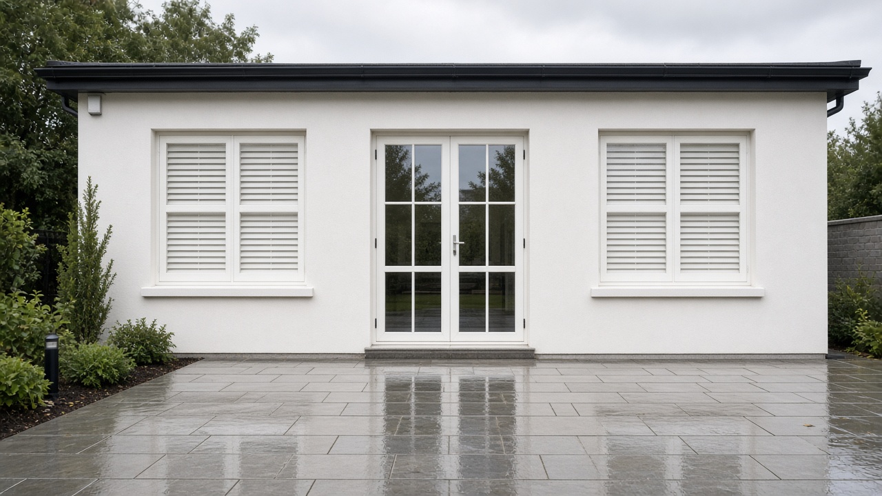 White wooden plantation shutters, louvres closed, inside a white rendered new-build, just after rain, paving still wet. Wide view of the whole elevation.