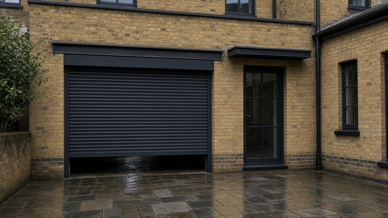An anthracite roller shutter stopped halfway on a yellow London stock brick terrace, just after rain, paving still wet. Wide view of the whole elevation.