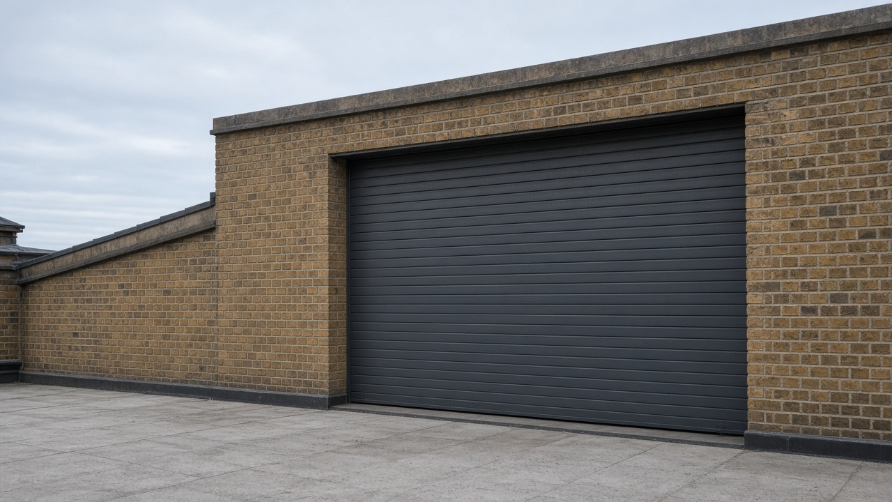 An anthracite roller shutter fully lowered on a yellow London stock brick terrace, a flat winter sky. Wide view of the whole elevation.