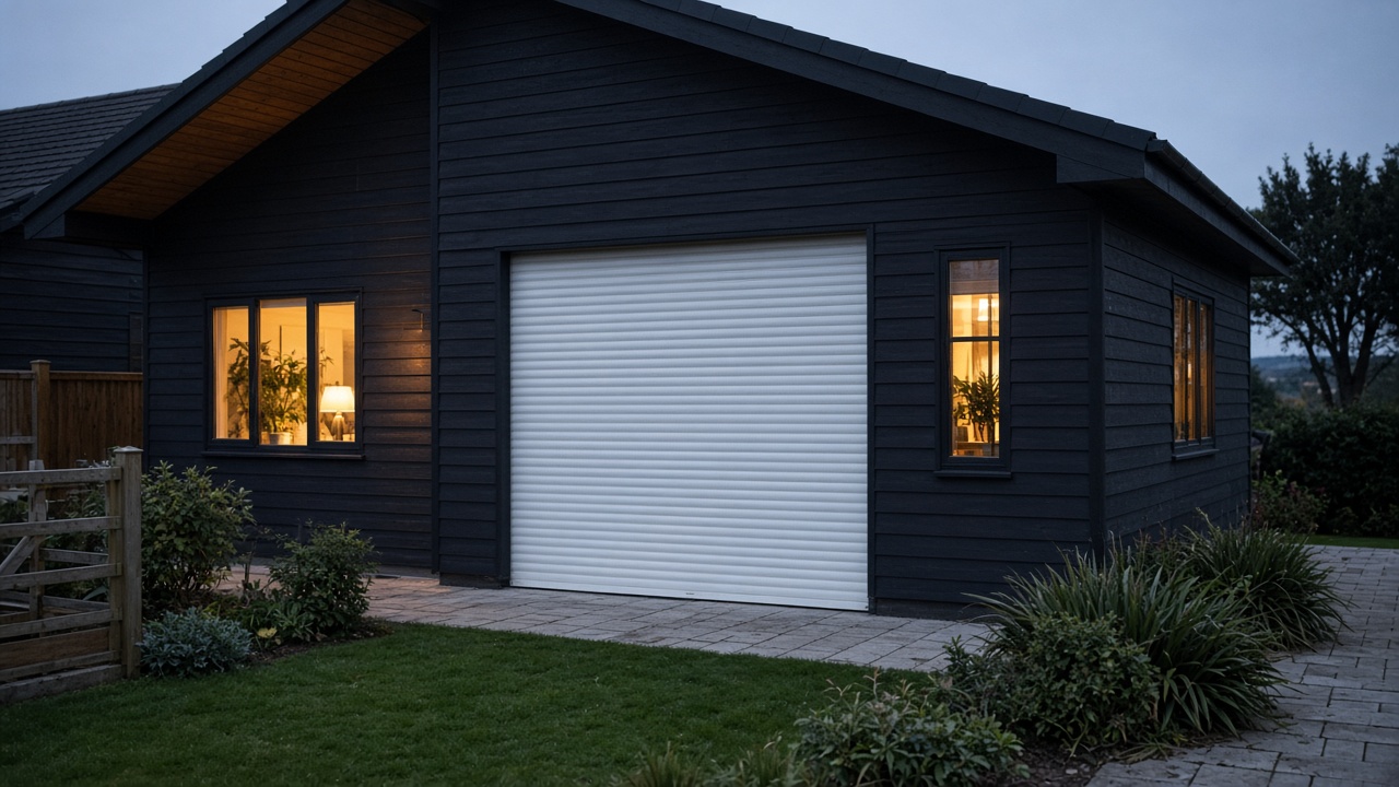 A white roller shutter fully lowered on a dark timber-clad house, dusk, with warm lights on inside. Wide view of the whole elevation.