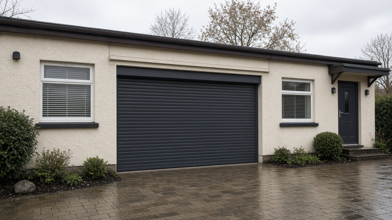 An anthracite roller shutter fully lowered on a cream bungalow, just after rain, paving still wet. Wide view of the whole elevation.