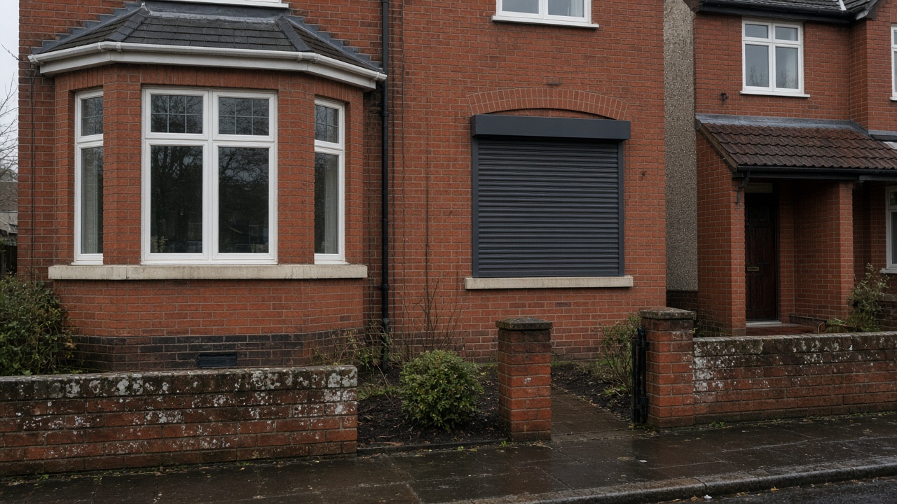 A fully closed anthracite security roller shutter over a ground-floor window on a 1930s red-brick semi, just after rain, paving still wet. Wide view of the whole elevation.