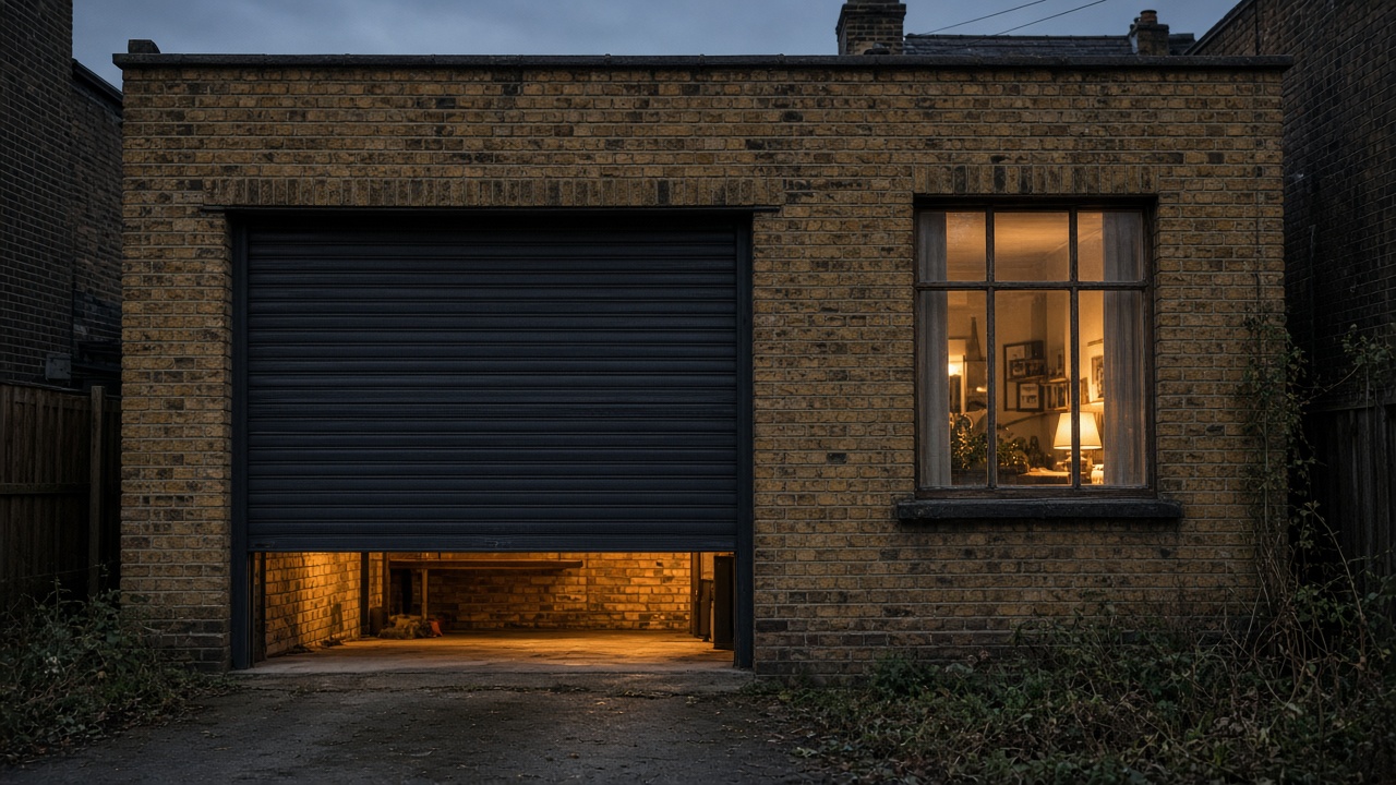 An anthracite roller shutter stopped halfway on a yellow London stock brick terrace, dusk, with warm lights on inside. Wide view of the whole elevation.