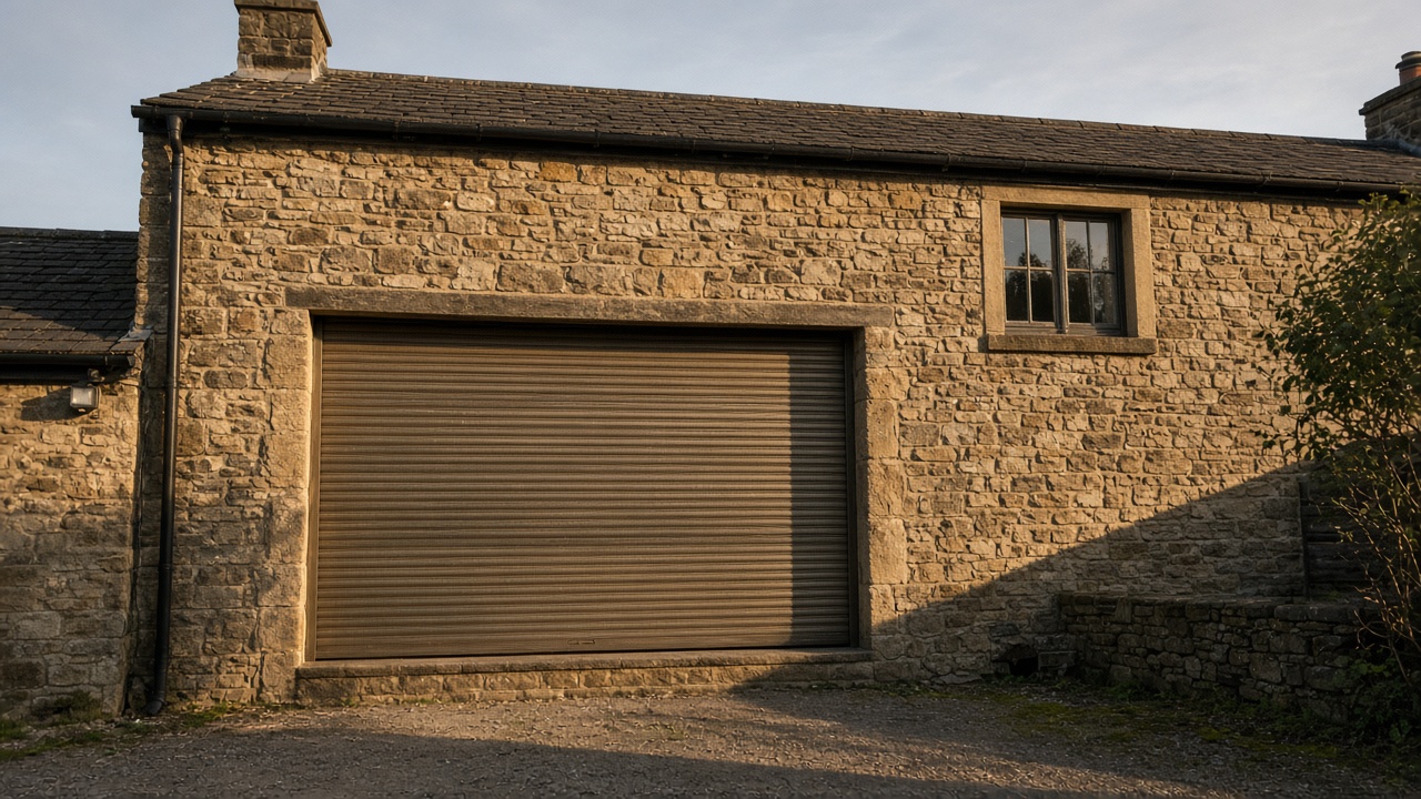 A bronze roller shutter nearly closed on a stone farmhouse, late afternoon light and long shadows. Wide view of the whole elevation.