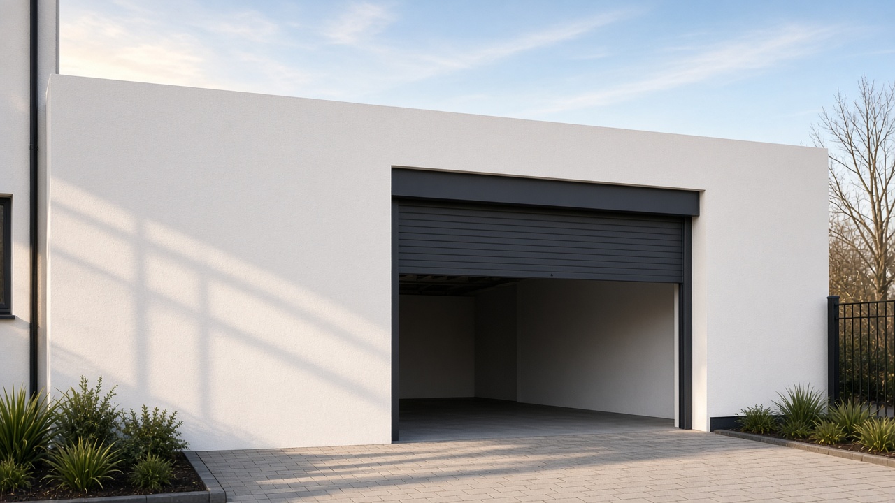 A dark grey roller shutter only a quarter down, with the box and side guides showing on a white rendered new-build, late afternoon light and long shadows. Wide view of the whole elevation.
