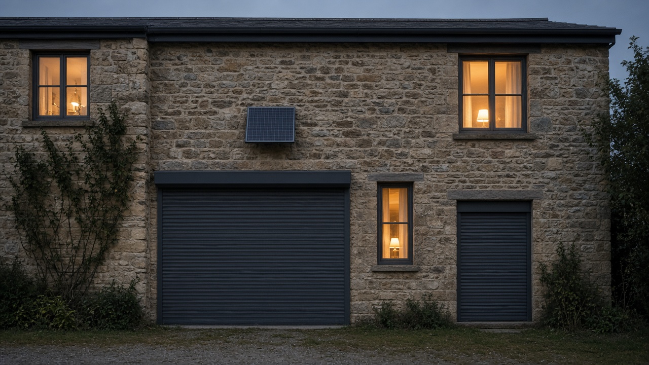 A small solar panel on the front of an anthracite roller shutter box, an anthracite roller shutter fully lowered, on a stone farmhouse, dusk, with warm lights on inside. Wide view of the whole elevation.