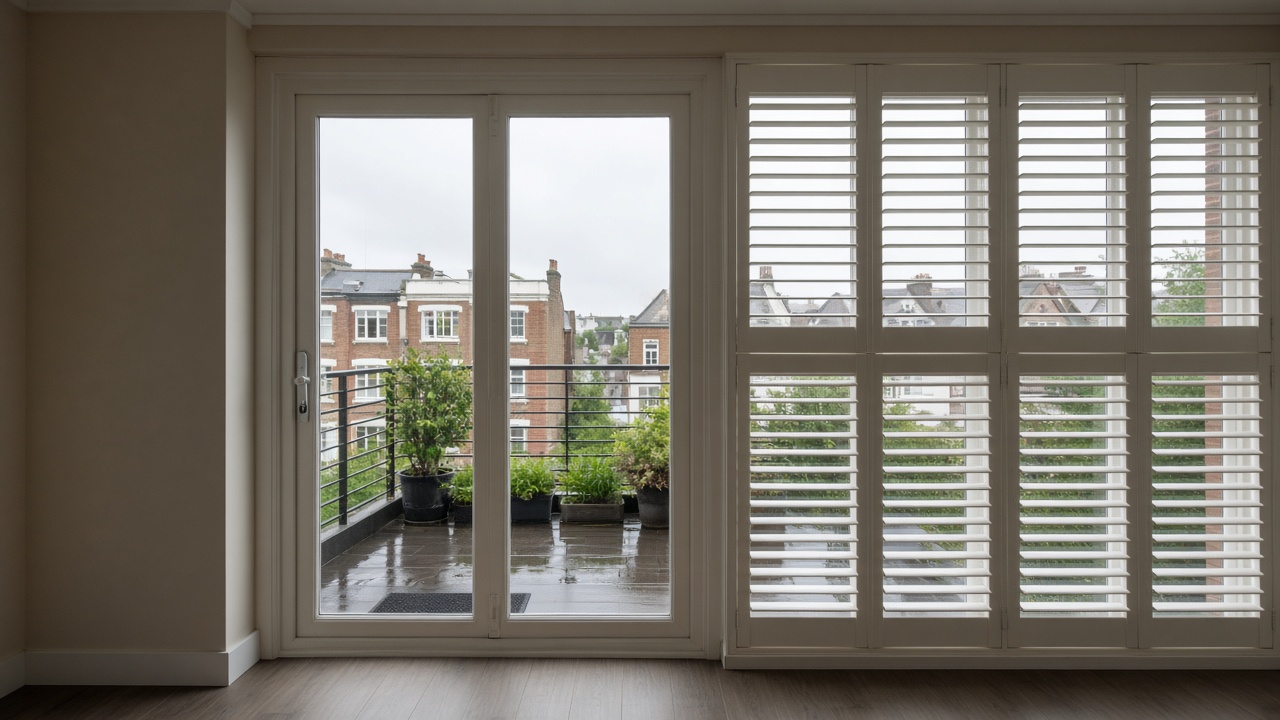 White wooden plantation shutters, louvres open, inside a flat with a glazed balcony door, just after rain, paving still wet. Wide view of the whole elevation.