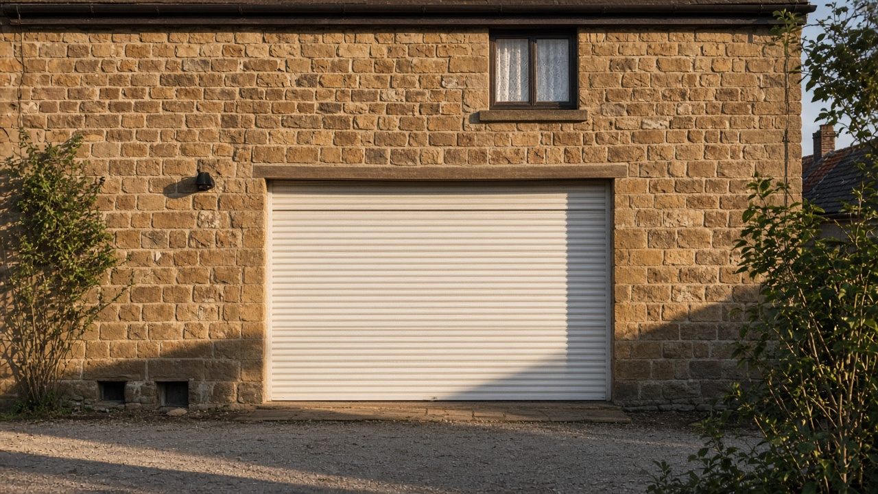A white roller shutter fully lowered on a sandstone cottage, late afternoon light and long shadows. Wide view of the whole elevation.